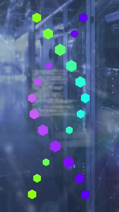 Animation of data processing over dna strands and server room Stock Footage 343867146
