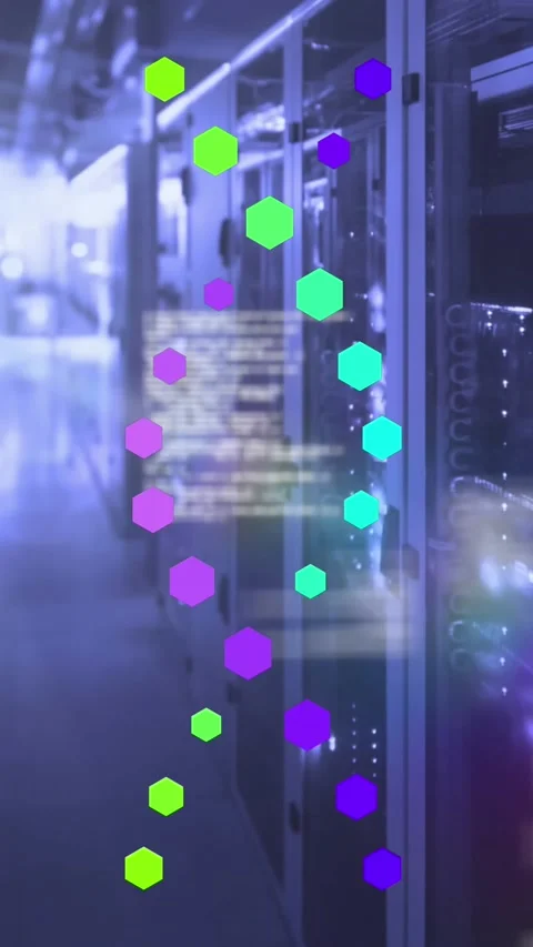 Animation of data processing over dna strands and server room Stock Footage 343867156