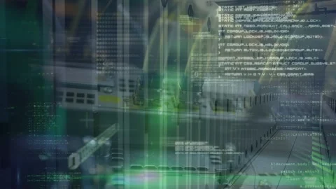 Animation of data processing over empty computer server room Stock Footage 329986805