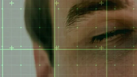 Animation of data processing over face of caucasian man with wide open eye Stock Footage 199572173