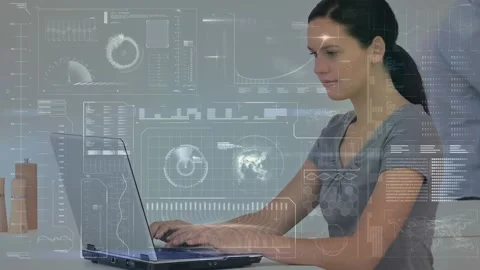 Animation of data processing over female student using laptop from home Stock Footage 328581622