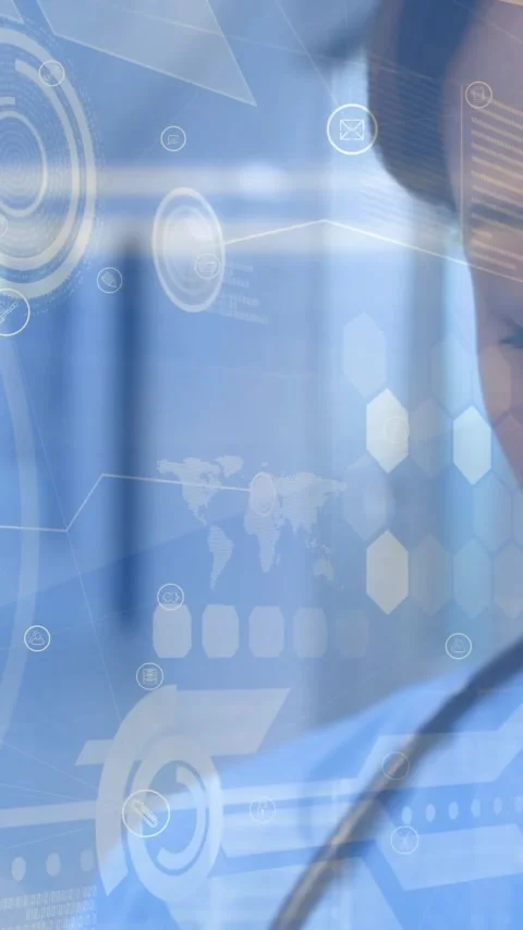 Animation of data processing over female nurse with stethoscope Stock Footage 342806096