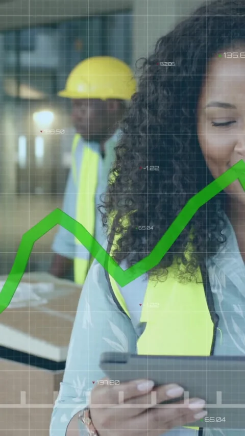 Animation of data processing over female engineer in hi vis vest using tablet Stock Footage 343713627
