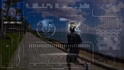 Animation of data processing over fit man running at beach Stock Footage 157334130