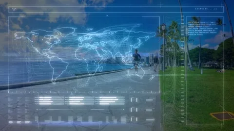 Animation of data processing over fit man running Stock Footage 159488944