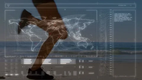 Animation of data processing over fit man running Stock Footage 159488985
