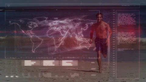 Animation of data processing over fit man running Stock Footage 159489153