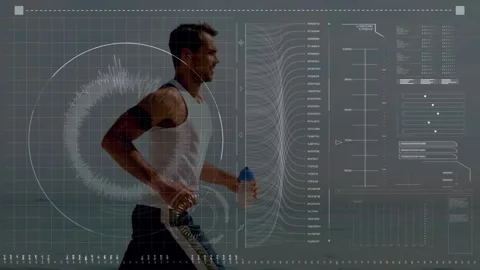 Animation of data processing over fit man running Stock Footage 159489185