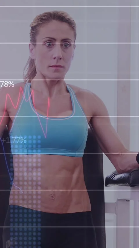 Animation of data processing over fit caucasian woman exercising Stock Footage 319415750