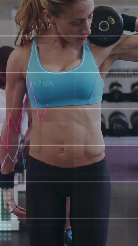 Animation of data processing over fit caucasian woman exercising, lifting Stock Footage 321216110