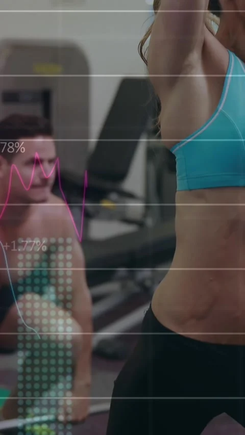 Animation of data processing over fit caucasian woman and man exercising Stock Footage 321216115
