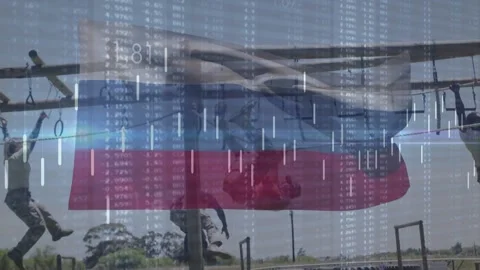 Animation of data processing over flag of russia and diverse soldiers Видео 171679505