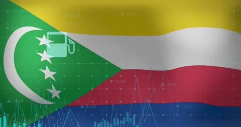 Animation of data processing over flag of comoros Stockbeeldmateriaal 182379755