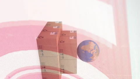 Animation of data processing over globe and stack of cardboard boxes Stock Footage 312384702