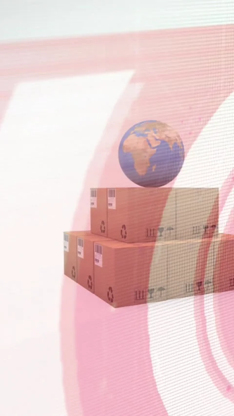 Animation of data processing over globe and stack of cardboard boxes Stock Footage 324702607