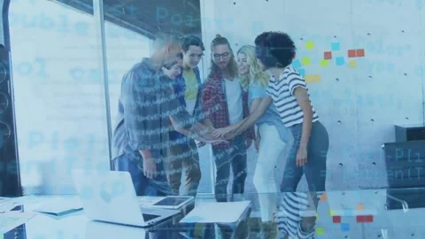 Animation of data processing over globe against diverse colleagues stacking Stock Footage 327446034