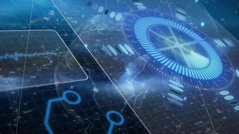 Animation of data processing over globe and scope scanning Video stock 330294989