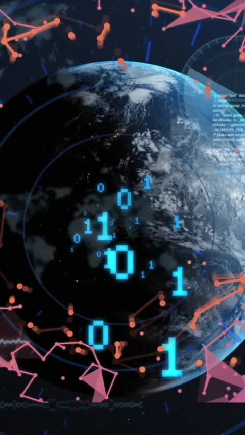 Animation of data processing over globe and connections with binary coding 库存影片 344614351