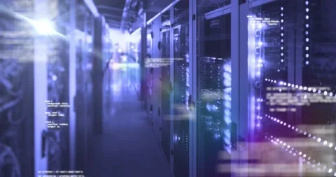 Animation of data processing over glowing computer servers in server room Stock Footage 327002702