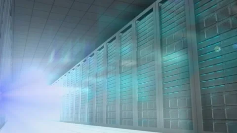 Animation of data processing over glowing light and computer servers in Stock Footage 328414718