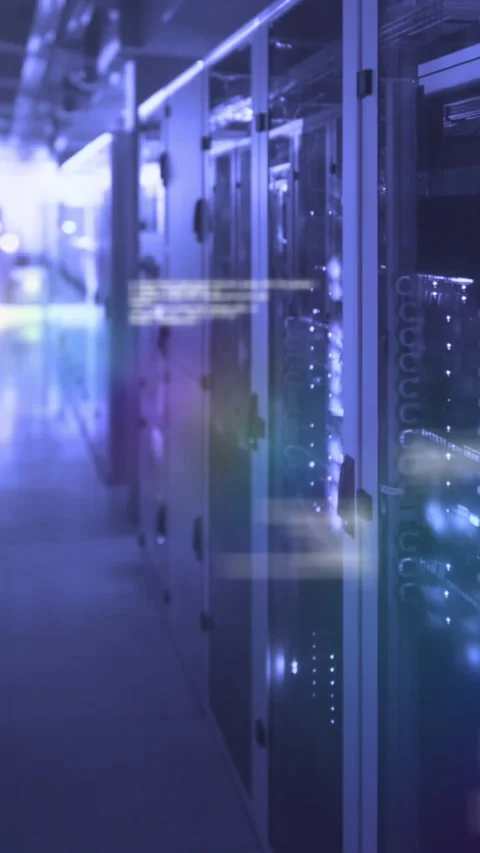 Animation of data processing over glowing computer servers in server room Stock Footage 343083877