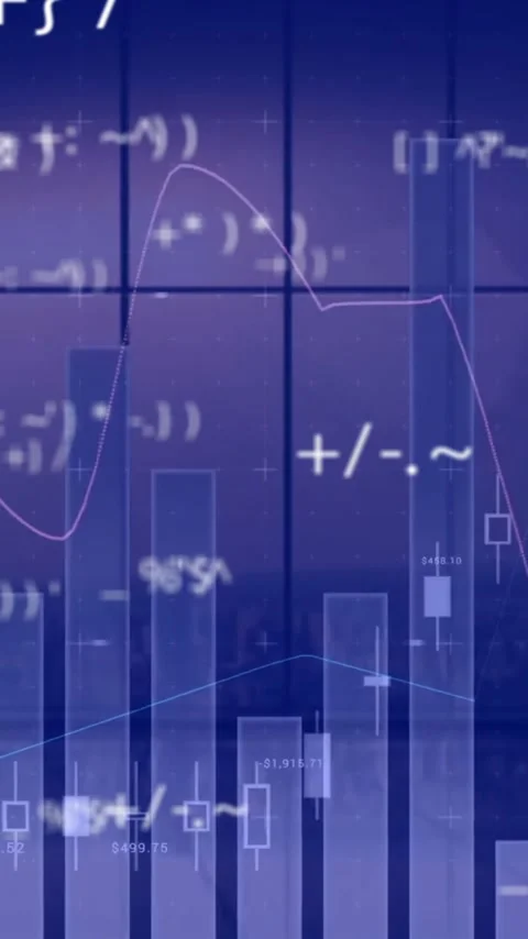 Animation of data processing over graphs and charts over dark window in city Stock Footage 343720808