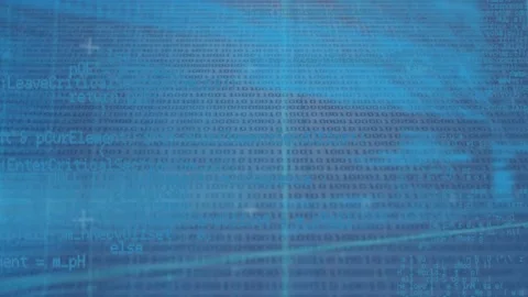 Animation of data processing over grid network against binary coding on blue Stock Footage 208840179
