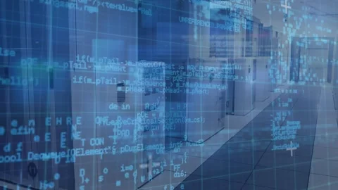 Animation of data processing over grid network against computer server room Stock Footage 328461713