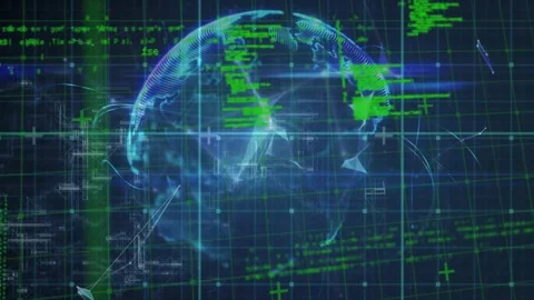 Animation of data processing over grid network against globe of plexus network Stock Footage 329291544