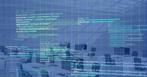 Animation of data processing over grid network against 3d office model on blue Stock Footage 329362317