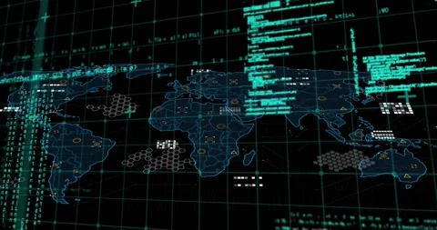 Animation of data processing over grid network against world map on black Stock Footage 330168995
