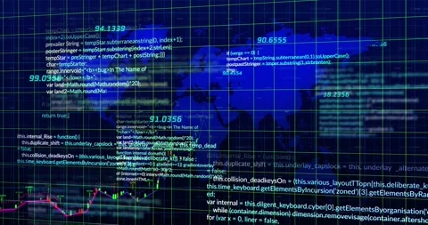 Animation of data processing over grid network and world map against blue Stock Footage 330179449