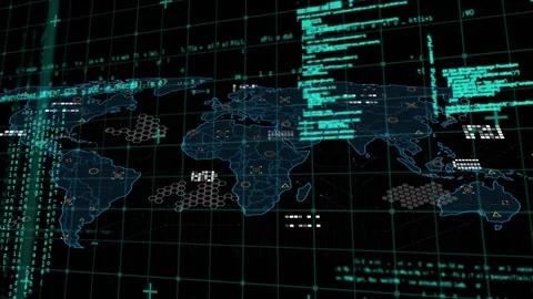 Animation of data processing over grid network against world map on black Stock Footage 330469641