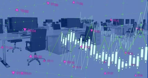 Animation of data processing over grid network against empty office Stock Footage 330584125