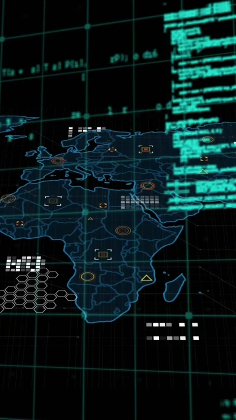 Animation of data processing over grid network against world map on black Stock Footage 344706397