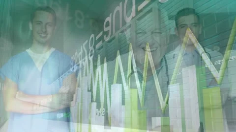 Animation of data processing over group of men and women exercising Stock Footage 328974241