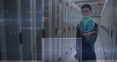 Animation of data processing over hacker, computer servers and caucasian Stock Footage 328250516