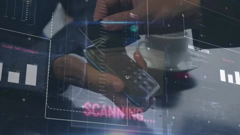 Animation of data processing over hand of customer making contactless payment in Stock Footage 220942179