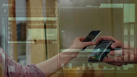 Animation of data processing over hands of caucasian woman and man using payment Stock Footage 196891414