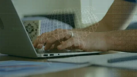 Animation of data processing over hands of caucasian man using laptop 動画素材 316461674