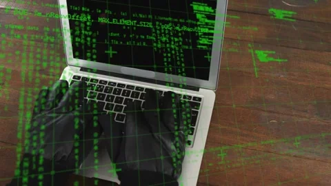 Animation of data processing over hands in gloves of hacker using laptop Stock Footage 327002450