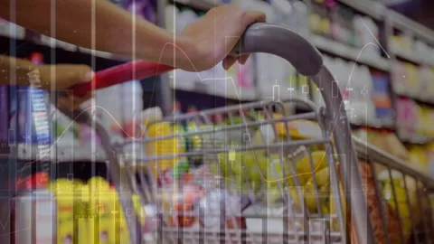 Animation of data processing over hands holding shop trolley Stockbeeldmateriaal 328645429