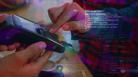 Animation of data processing over hands of caucasian woman and man using payment Stock Footage 329168272