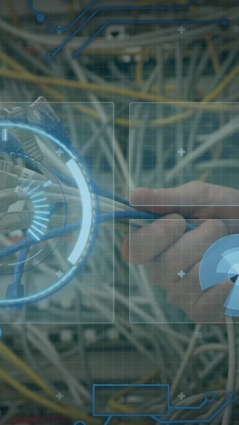Animation of data processing over hands of caucasian man holding computer wires Stock Footage 343866863