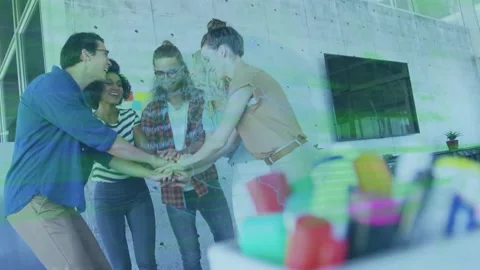 Animation of data processing over happy business people stacking hands Stock Footage 156623380