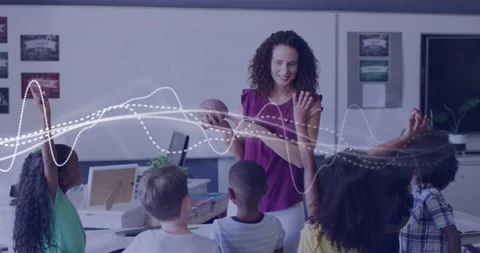 Animation of data processing over happy diverse female teacher showing brain Vidéo 241347276