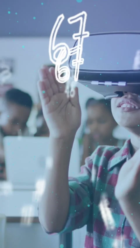 Animation of data processing over happy schoolboy using vr headset class Stock Footage 323898465