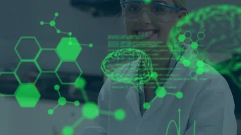 Animation of data processing over happy caucasian female scientist with test Stock Footage 329165568