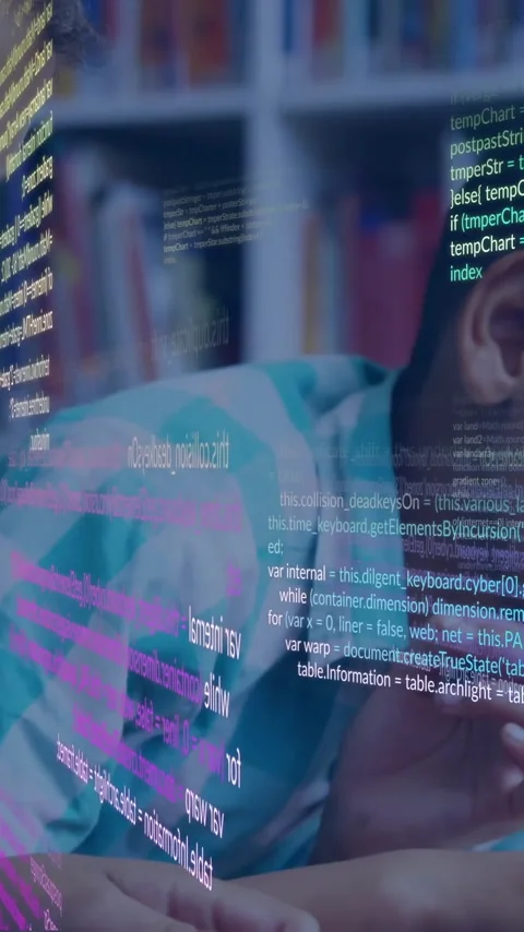 Animation of data processing over happy schoolboys using laptop in library Stock Footage 344370212
