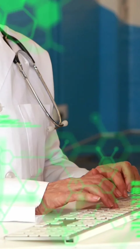 Animation of data processing over happy caucasian female doctor using computer Stock Footage 344783538